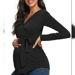 Maternity Top Black Tie Waist Long-Sleeve Soft M